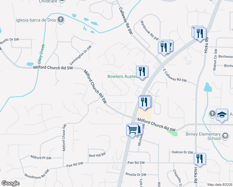 map of restaurants, bars, coffee shops, grocery stores, and more near 1276 Everwood Drive Southwest in Marietta