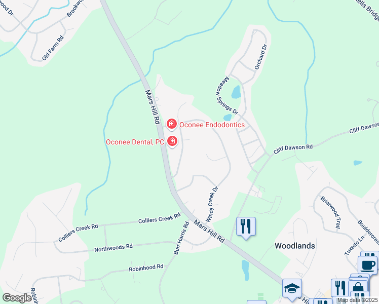 map of restaurants, bars, coffee shops, grocery stores, and more near 1070 Windridge Drive in Watkinsville