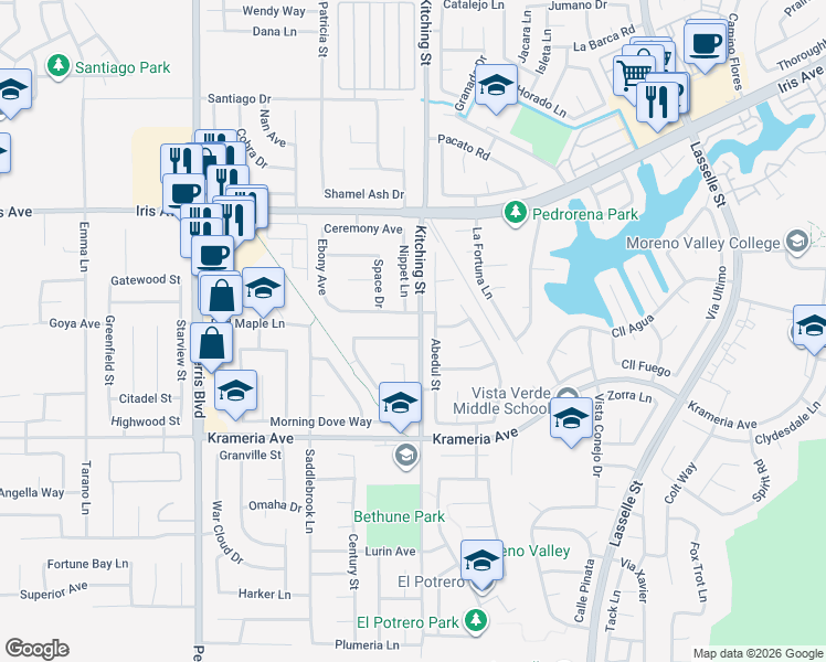 map of restaurants, bars, coffee shops, grocery stores, and more near 25496 Moorland Road in Moreno Valley