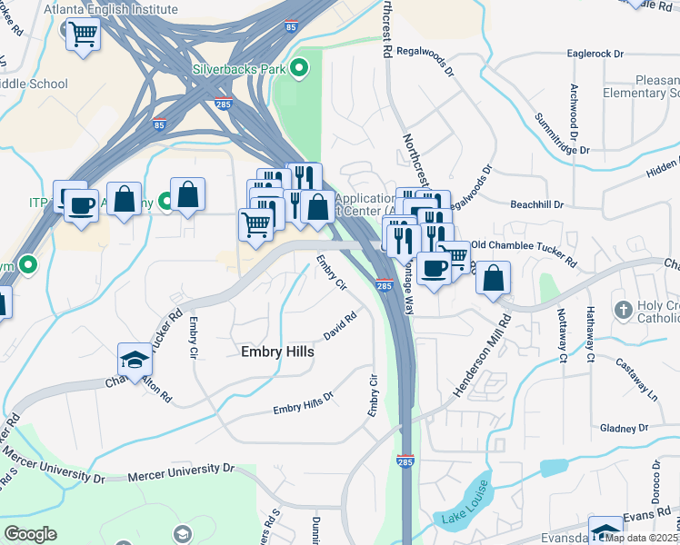 map of restaurants, bars, coffee shops, grocery stores, and more near 3711 Embry Circle in Atlanta