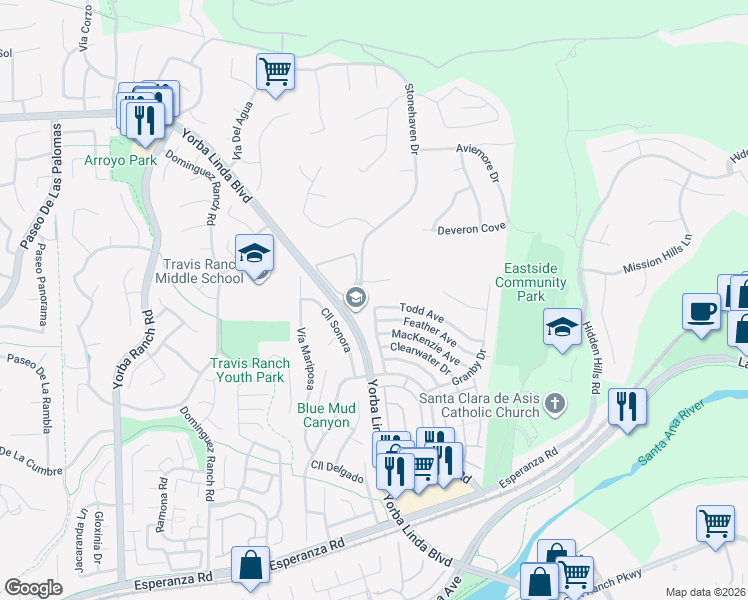 map of restaurants, bars, coffee shops, grocery stores, and more near 21695 Todd Avenue in Yorba Linda