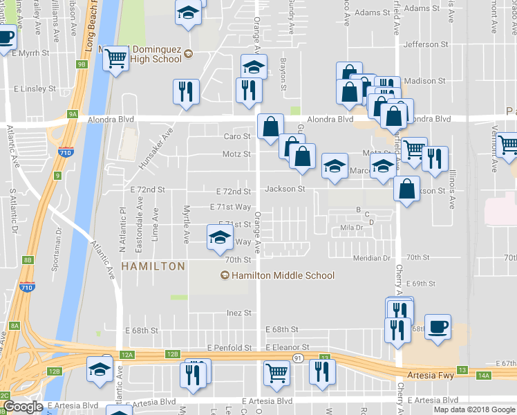 map of restaurants, bars, coffee shops, grocery stores, and more near 16534 Orange Avenue in Paramount