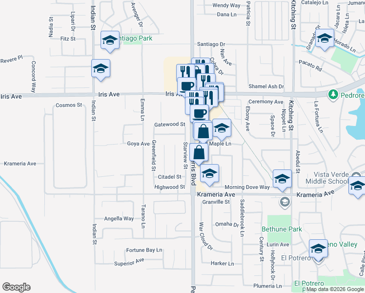 map of restaurants, bars, coffee shops, grocery stores, and more near 16220 Starview Street in Moreno Valley