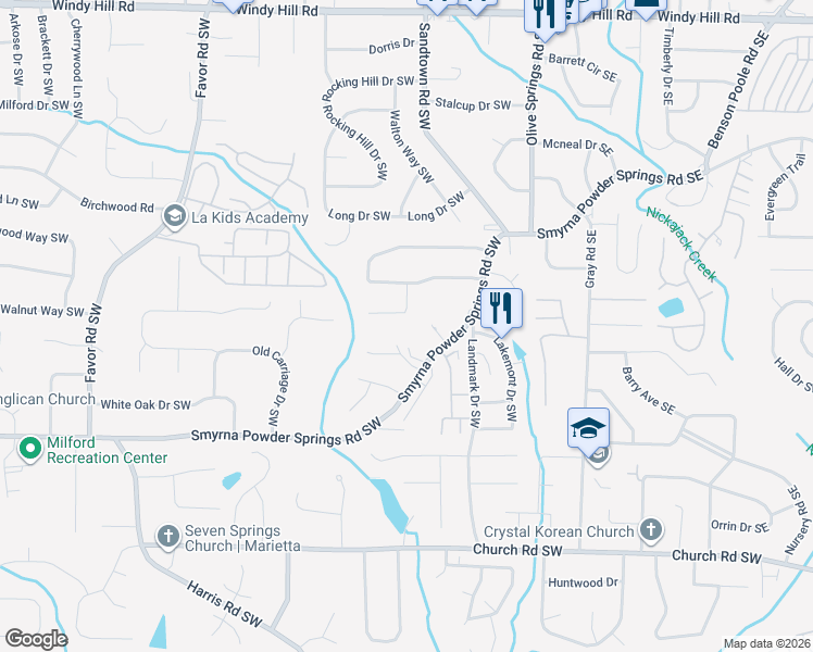 map of restaurants, bars, coffee shops, grocery stores, and more near 2769 Northwood Court in Marietta