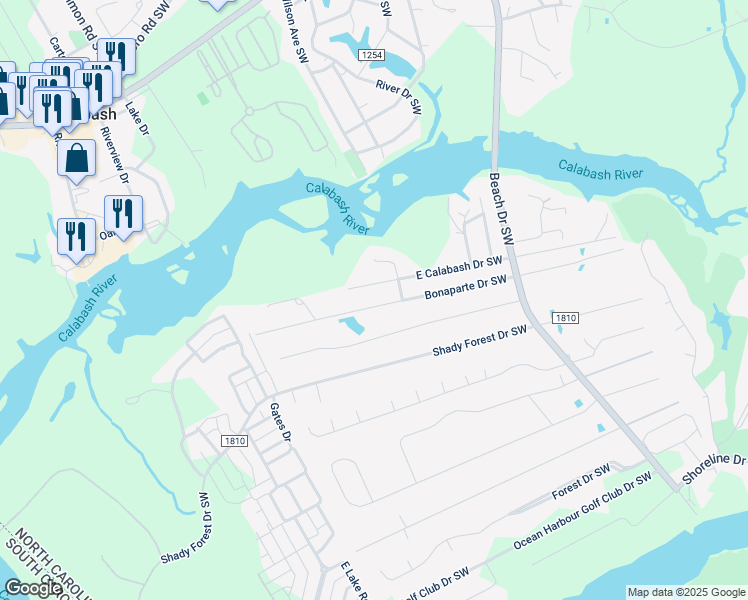 map of restaurants, bars, coffee shops, grocery stores, and more near 9150 Bonaparte Drive Southwest in Calabash