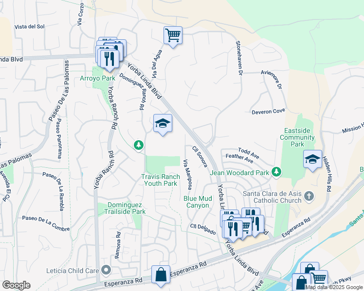 map of restaurants, bars, coffee shops, grocery stores, and more near 5180 Vía Mariposa in Yorba Linda