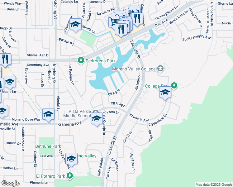 map of restaurants, bars, coffee shops, grocery stores, and more near 25931 Calle Agua in Moreno Valley