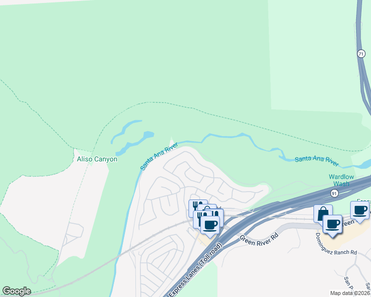 map of restaurants, bars, coffee shops, grocery stores, and more near 4788 Golden Ridge Drive in Corona