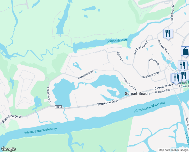 map of restaurants, bars, coffee shops, grocery stores, and more near 445 Lakeshore Drive in Sunset Beach