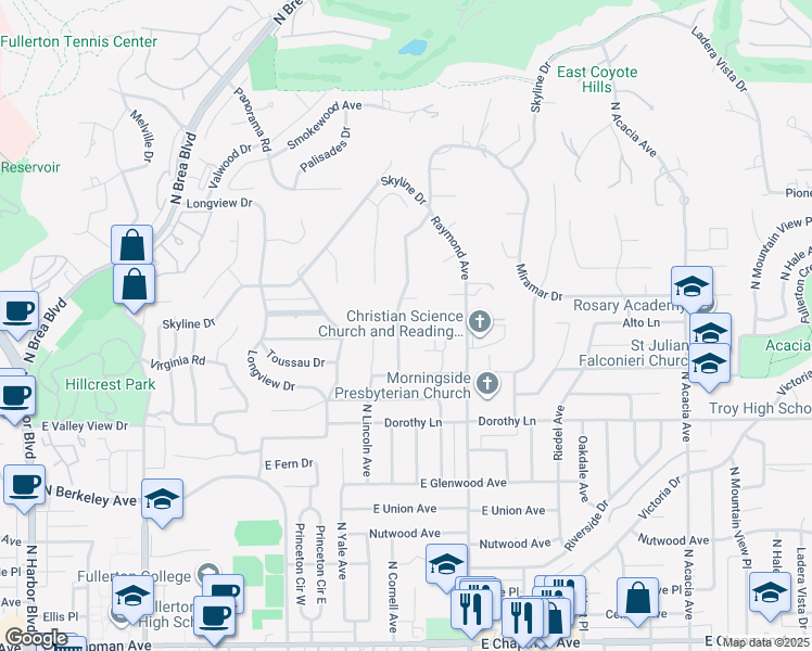 map of restaurants, bars, coffee shops, grocery stores, and more near 1330 Kroeger Avenue in Fullerton