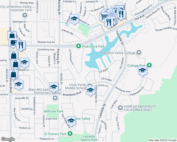 map of restaurants, bars, coffee shops, grocery stores, and more near 25810 Calle Agua in Moreno Valley