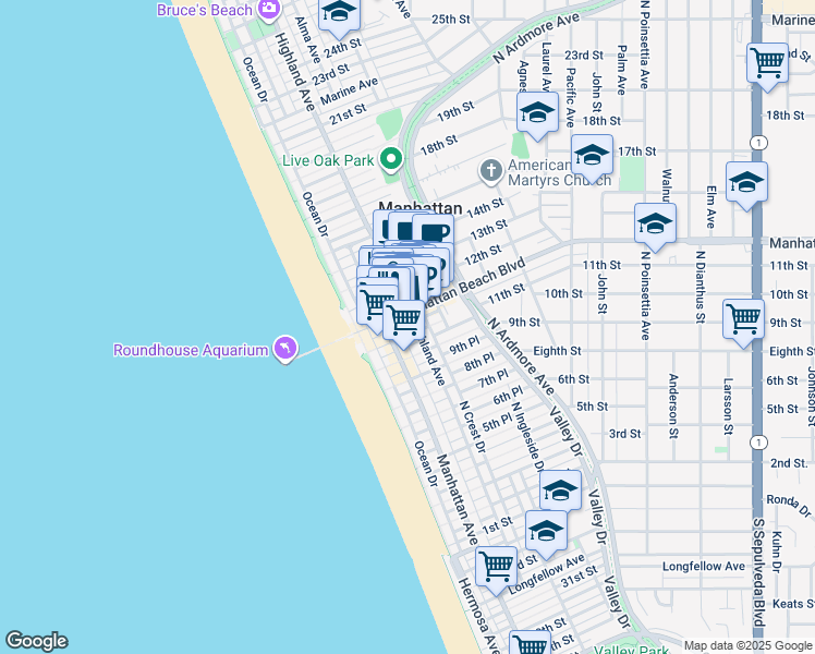 map of restaurants, bars, coffee shops, grocery stores, and more near 224 11th Place in Manhattan Beach