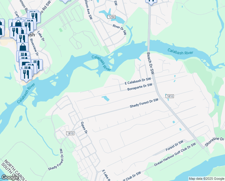 map of restaurants, bars, coffee shops, grocery stores, and more near 9150 Bonaparte Drive Southwest in Calabash