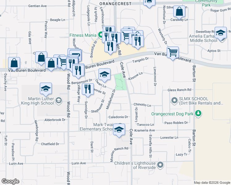 map of restaurants, bars, coffee shops, grocery stores, and more near 9177 Owari Lane in Riverside