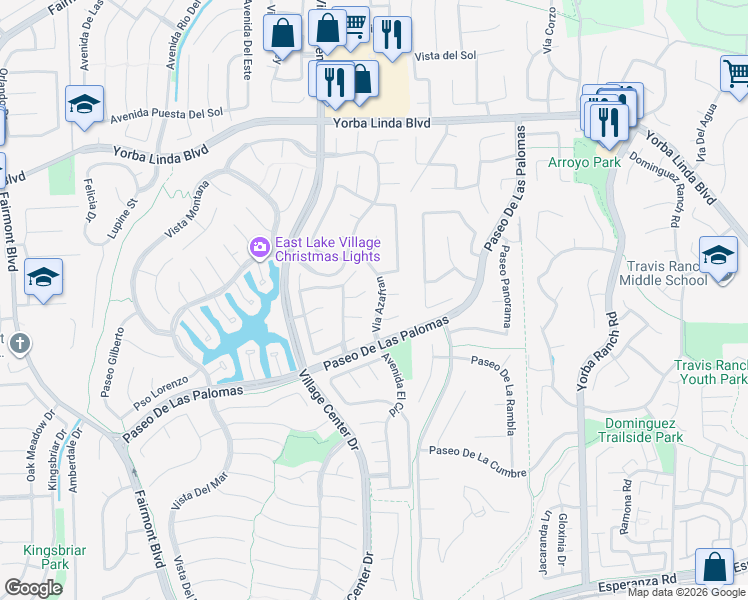 map of restaurants, bars, coffee shops, grocery stores, and more near 20515 Vía Belleza in Yorba Linda