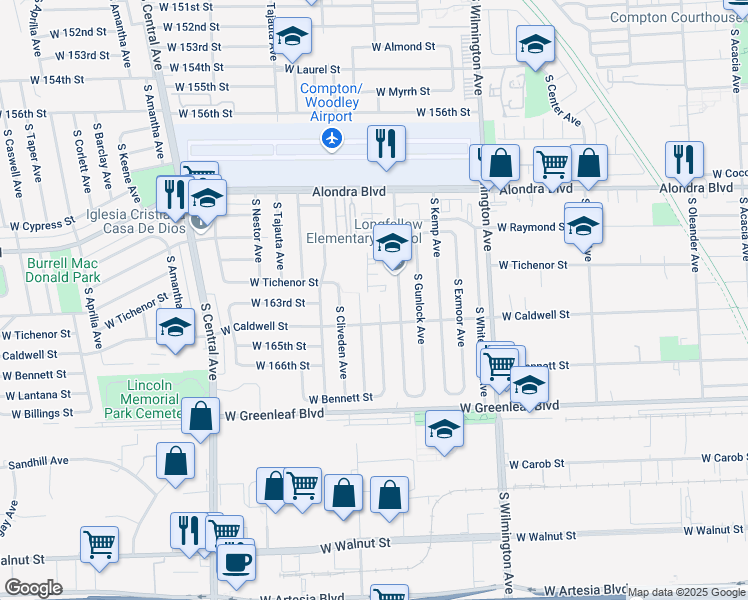 map of restaurants, bars, coffee shops, grocery stores, and more near 1201 South Grandee Avenue in Compton