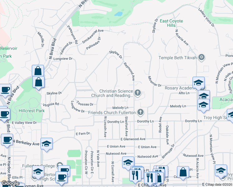 map of restaurants, bars, coffee shops, grocery stores, and more near 1330 Kroeger Avenue in Fullerton