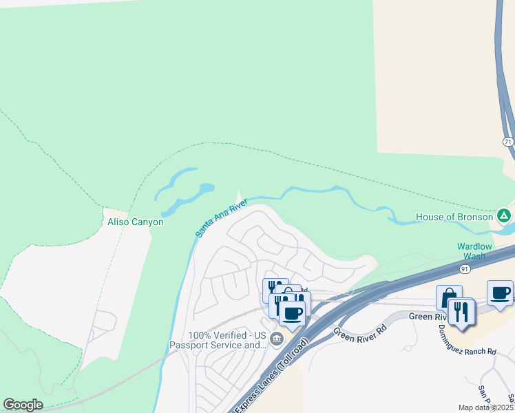 map of restaurants, bars, coffee shops, grocery stores, and more near 4788 Golden Ridge Drive in Corona