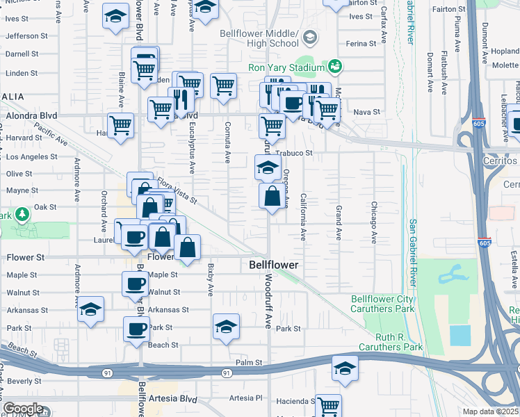 map of restaurants, bars, coffee shops, grocery stores, and more near 16423 Woodruff Avenue in Bellflower