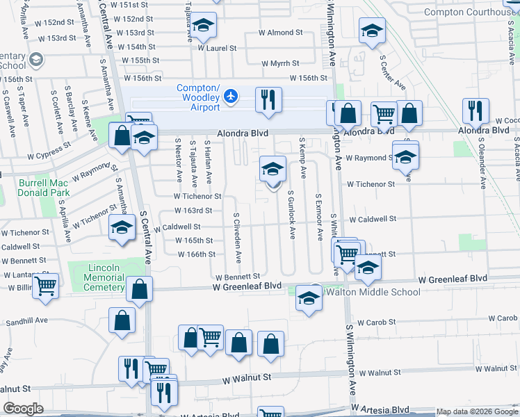 map of restaurants, bars, coffee shops, grocery stores, and more near 1201 South Grandee Avenue in Compton