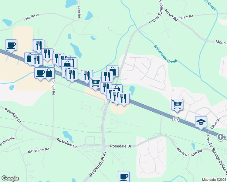 map of restaurants, bars, coffee shops, grocery stores, and more near 5749 Wendy Bagwell Parkway in Hiram