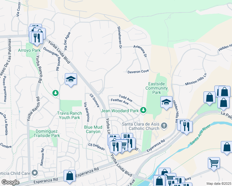 map of restaurants, bars, coffee shops, grocery stores, and more near 21750 Allonby Circle in Yorba Linda