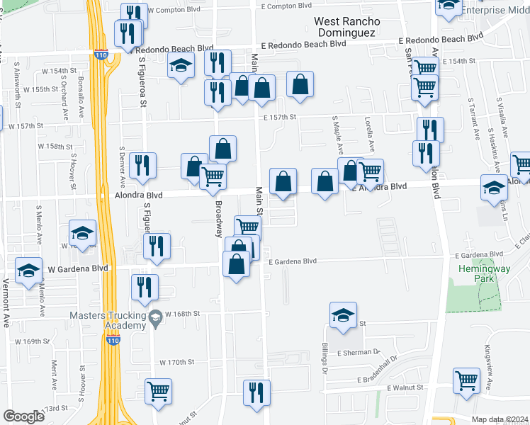 map of restaurants, bars, coffee shops, grocery stores, and more near 16200 Main Street in Gardena
