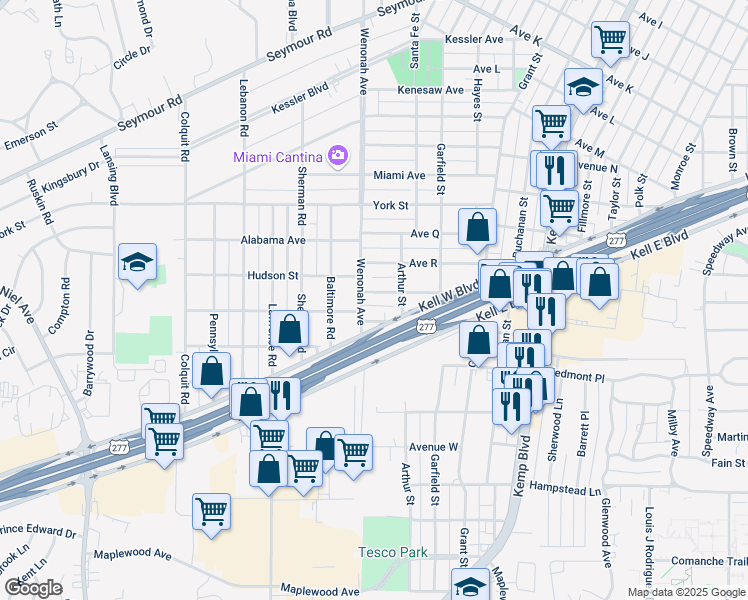 map of restaurants, bars, coffee shops, grocery stores, and more near 3206 Avenue South in Wichita Falls