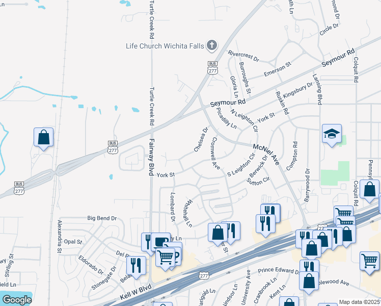 map of restaurants, bars, coffee shops, grocery stores, and more near 4330 Chelsea Drive in Wichita Falls
