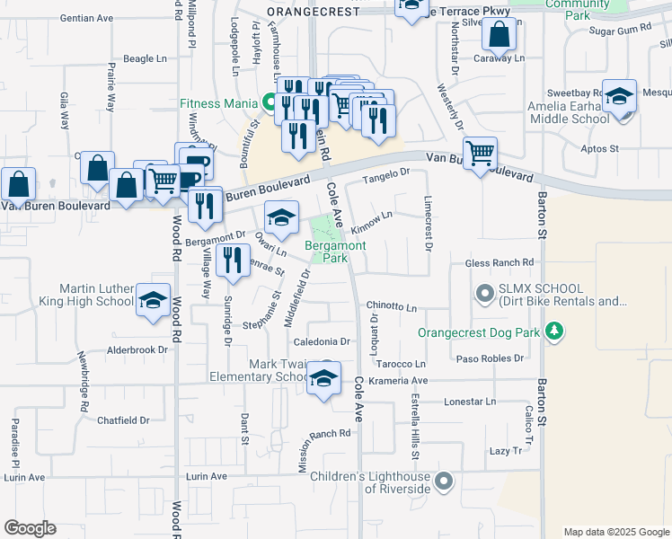 map of restaurants, bars, coffee shops, grocery stores, and more near 9263 Owari Lane in Riverside