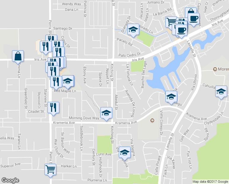 map of restaurants, bars, coffee shops, grocery stores, and more near 16251 Abedul Street in Moreno Valley