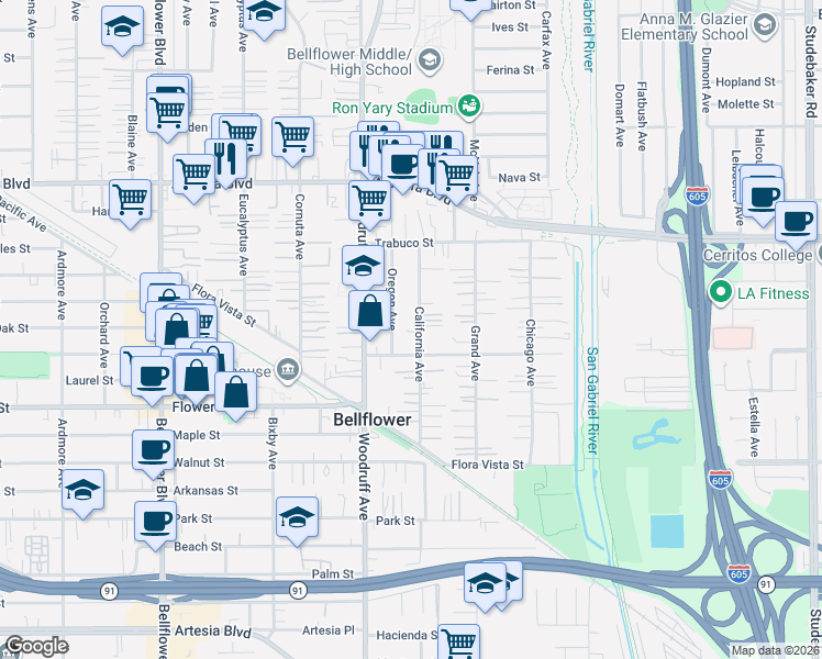 map of restaurants, bars, coffee shops, grocery stores, and more near 16423 California Avenue in Bellflower