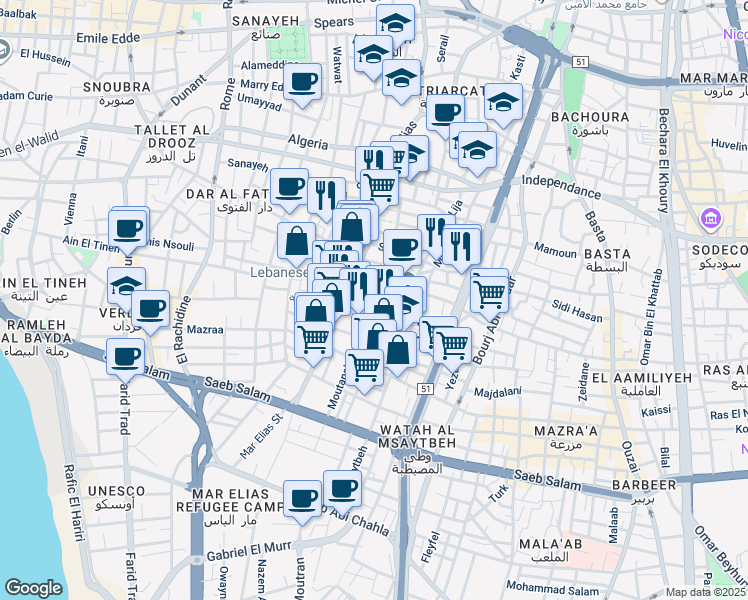 map of restaurants, bars, coffee shops, grocery stores, and more near Baida in Bayrut