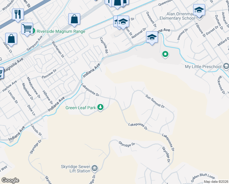 map of restaurants, bars, coffee shops, grocery stores, and more near 16166 Blue Haven Court in Riverside