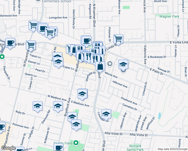 map of restaurants, bars, coffee shops, grocery stores, and more near 227 Sheffield Street in Placentia