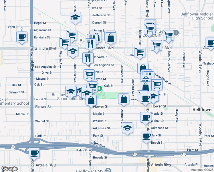 map of restaurants, bars, coffee shops, grocery stores, and more near 9519 Oak Street in Bellflower