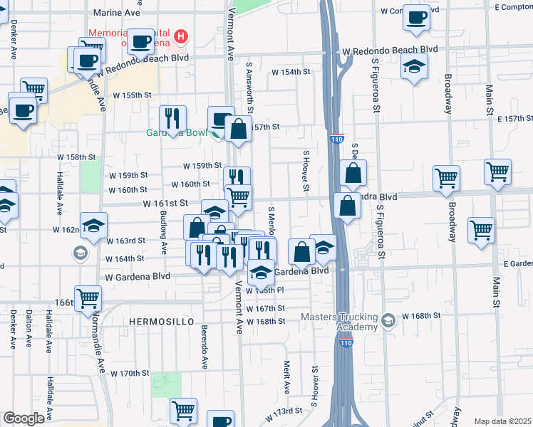 map of restaurants, bars, coffee shops, grocery stores, and more near 824 West Alondra Boulevard in Gardena