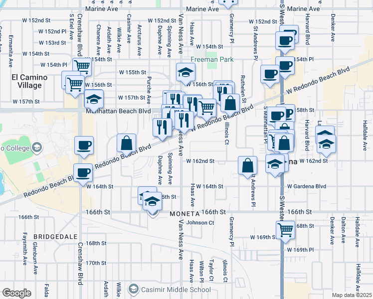 map of restaurants, bars, coffee shops, grocery stores, and more near 2136 West 160th Street in Torrance