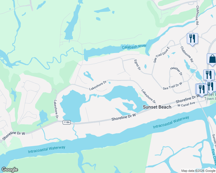 map of restaurants, bars, coffee shops, grocery stores, and more near 445 Lakeshore Drive in Sunset Beach