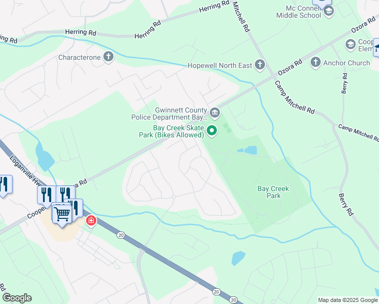 map of restaurants, bars, coffee shops, grocery stores, and more near 3473 Hawthorn Farm Boulevard in Loganville