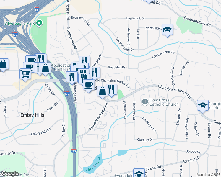 map of restaurants, bars, coffee shops, grocery stores, and more near 3543 Old Chamblee Tucker Road in Doraville
