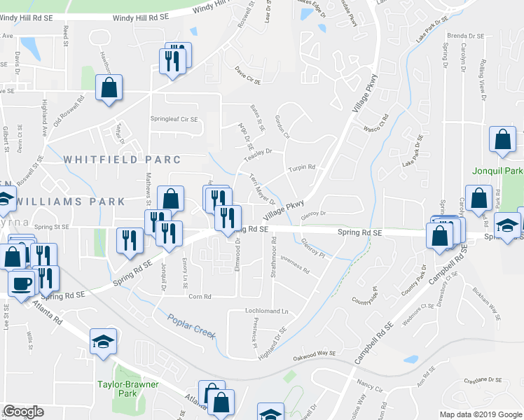 map of restaurants, bars, coffee shops, grocery stores, and more near 1931 Shenandoah Valley Lane in Smyrna