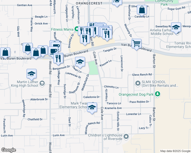 map of restaurants, bars, coffee shops, grocery stores, and more near 9263 Owari Lane in Riverside