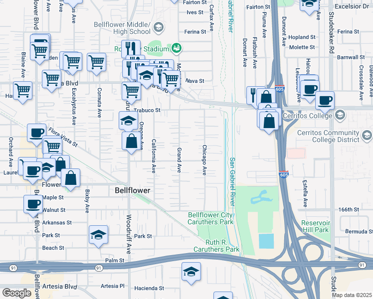 map of restaurants, bars, coffee shops, grocery stores, and more near 16406 Grand Avenue in Bellflower