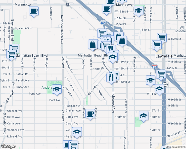 map of restaurants, bars, coffee shops, grocery stores, and more near 3304 Gibson Place in Redondo Beach