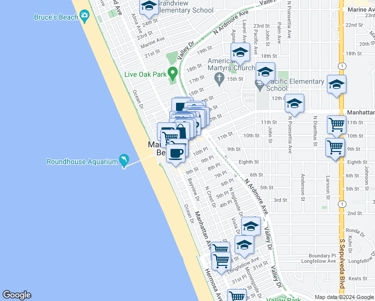 map of restaurants, bars, coffee shops, grocery stores, and more near 1100 Highland Avenue in Manhattan Beach