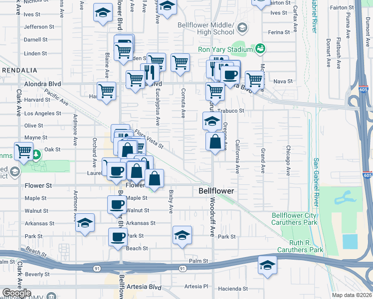 map of restaurants, bars, coffee shops, grocery stores, and more near 16414 Cornuta Avenue in Bellflower