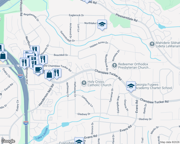 map of restaurants, bars, coffee shops, grocery stores, and more near 3110 Henderson Walk in Atlanta