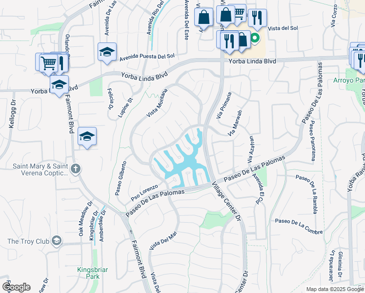 map of restaurants, bars, coffee shops, grocery stores, and more near 5289 Vía Andalusia in Yorba Linda