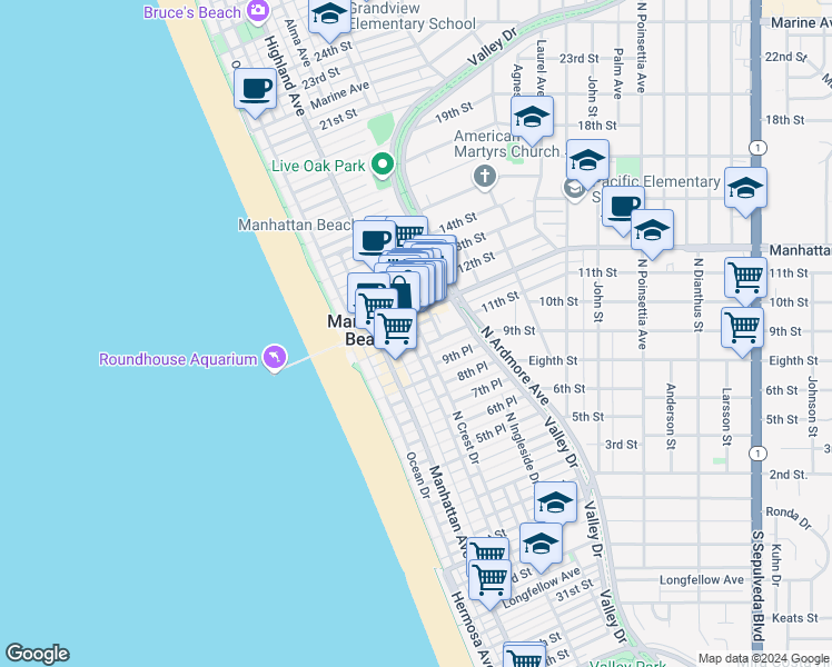 map of restaurants, bars, coffee shops, grocery stores, and more near 1100 Highland Avenue in Manhattan Beach